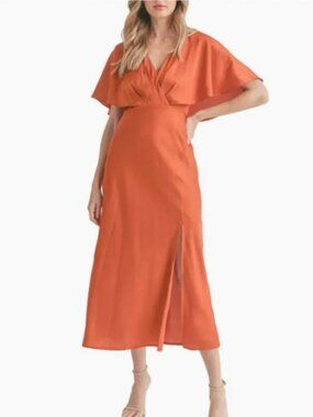 Mila Mae Flutter Sleeve Satin Midi Dress